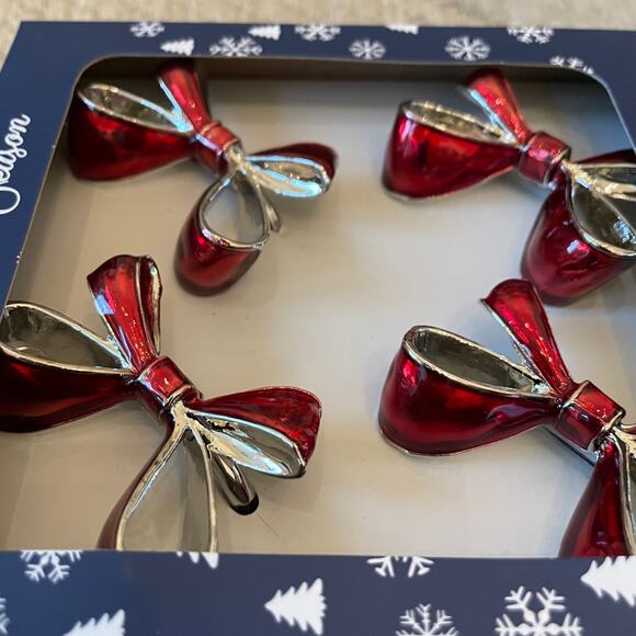 Christmas RED BOW Napkin Rings Set of 4 Silver Holiday Glam Cherish the Season - Picture 6 of 7